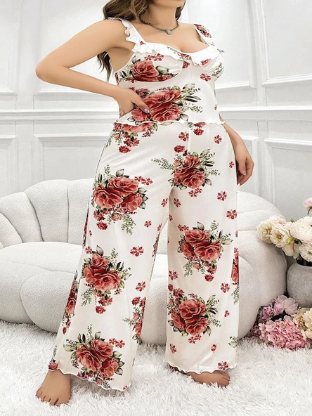 MDB MdbShop Büyük Beden Gül Desenli İnce Askılı Beyaz Salaş 2li Takım ürün görseli