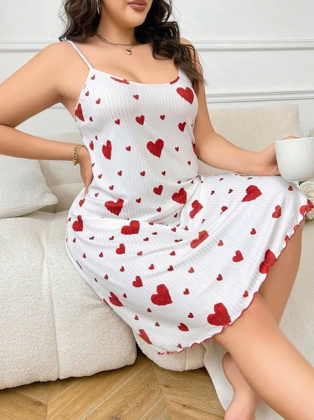 MDB MdbShop Büyük Beden Kalp Desen Pamuklu İnce Askılı Uzun Gecelik ürün görseli 1