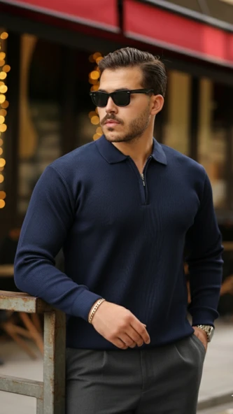 Erkek Selanik örme Yakalı Uzun Kollu Triko - Resim 6