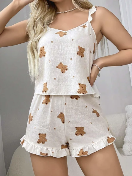 MDB MdbShop Pamuklu Ayıcık Desen Fırfırlı Askılı Şortlu Pijama Takımı - 2
