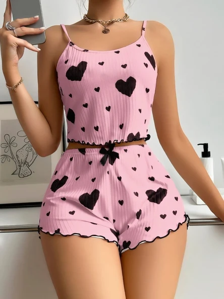 MDB MdbShop Pamuklu Pembe Üstüne Siyah Kalp Desenli Askılı Fitilli Şortlu Pijama Takımı - 1