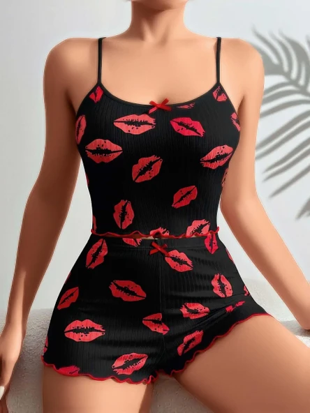 MDB MdbShop Pamuklu Kiss Öpücük Desen Siyah Fitilli Şortlu Pijama Takımı - 2