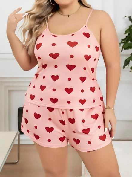 MDB MdbShop Büyük Beden Pembe Kalp Desen Pamuklu Şortlu Pijama Takımı - 2