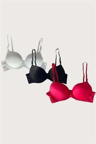 MDB MdbShop Beyaz-Siyah-Kırmızı 3lü Mikro Kumaş Push Up Dolgulu Balenli Günlük Destekli Sütyen ürün görseli 1