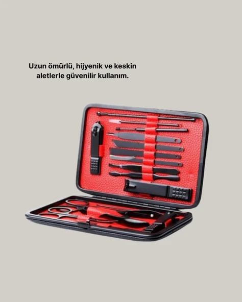 17 Parça Profesyonel Manikür Pedikür Seti Paslanmaz Çelik Siyah Kutu - 5