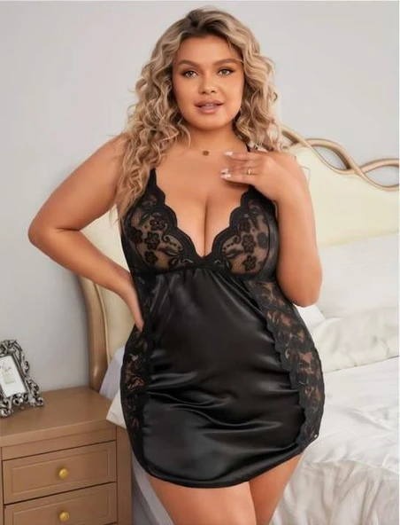 MDB MdbShop Büyük Beden Siyah Dantel İşlemeli Saten Gecelik - Resim 2