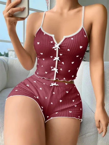 MDB MdbShop Pamuklu Kahverengi Üstüne Beyaz Kalp Desen Fitilli Askılı Şortlu Pijama Takımı ürün görseli