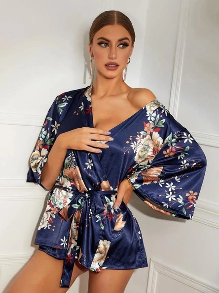 MDB MdbShop Çiçek Desenli Mavi Mini Saten Gecelik Sabahlık - Resim 4