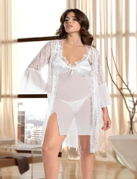 MDB MdbShop Beyaz Transparan Dantel İşlemeli Tül Yırtmaçlı 2li Gecelik Takımı ürün görseli