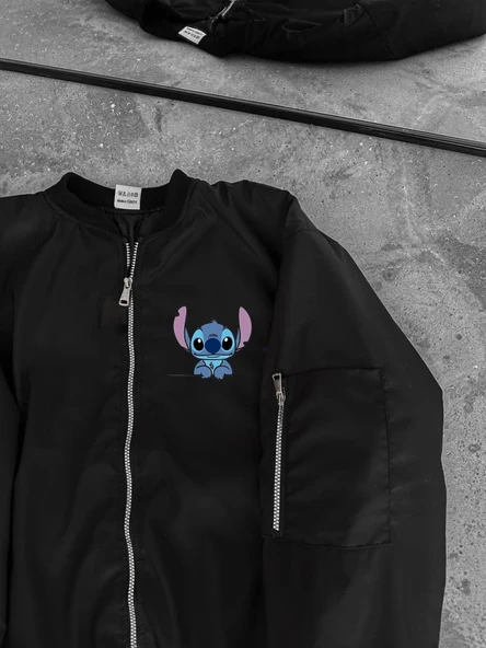 Uzun Kol Astarlı Tam Kalıp Baskılı Bomber Ceket - Siyah - 2