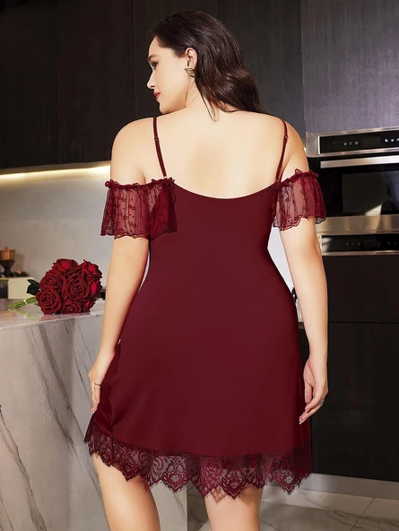 MDB MdbShop Büyük Beden Bordo Dantel İşlemeli İnce Askılı Gecelik - Resim 3