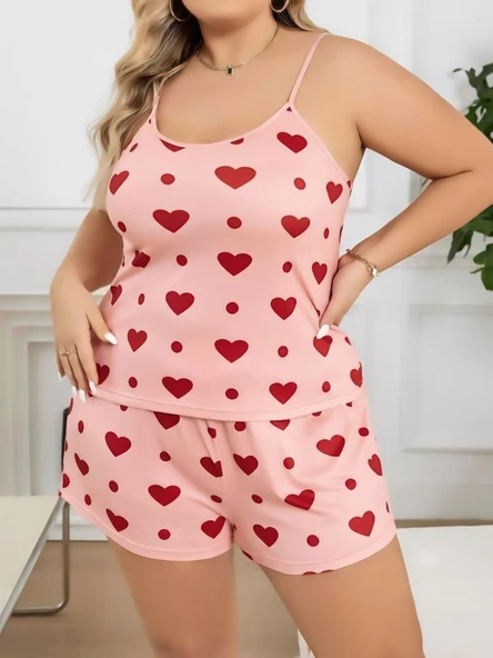 MDB MdbShop Büyük Beden Pembe Kalp Desen Pamuklu Şortlu Pijama Takımı - 1