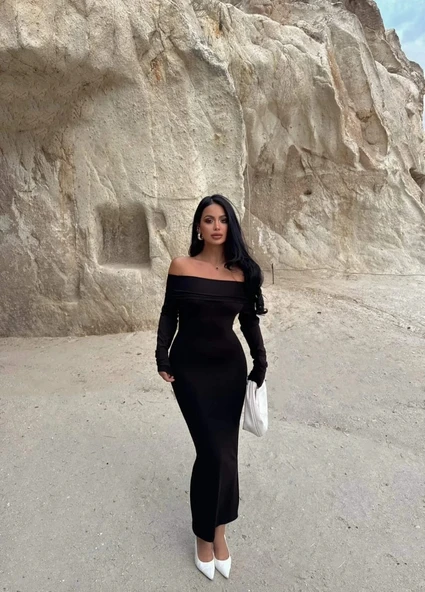 Madonna yaka esnek kumaş elbise siyah - 3