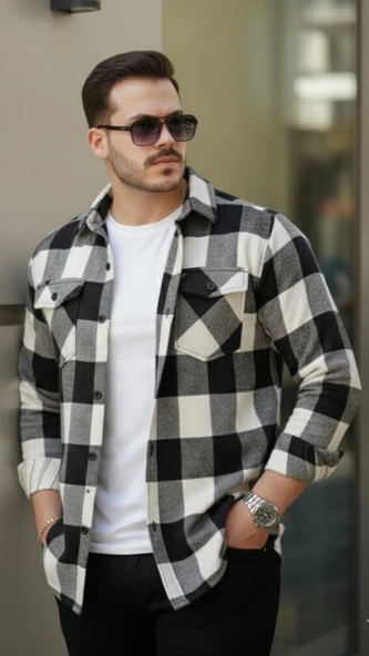 Erkek Uzun Kollu Oduncu Gömlek - Siyah - 4