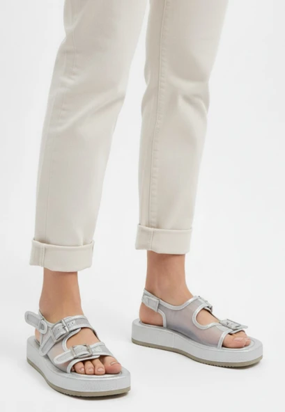 Sinna Gümüş Cilt Tül Detaylı Sandalet ürün görseli