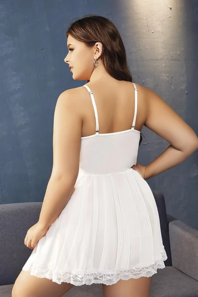 MDB MdbShop Büyük Beden Beyaz Dantel İşlemeli İnce Askılı Gecelik - Resim 3