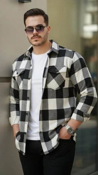 Erkek Uzun Kollu Oduncu Gömlek - Siyah - 3