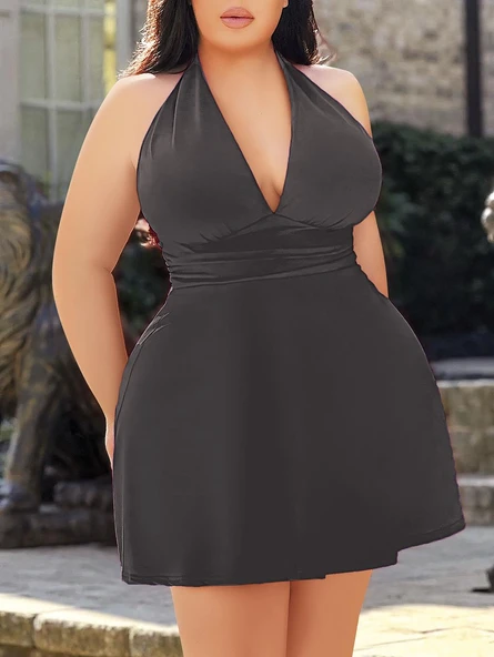 MDB MdbShop Büyük Beden Antrasit Boyundan Bağlamalı Mini Gecelik ürün görseli 1