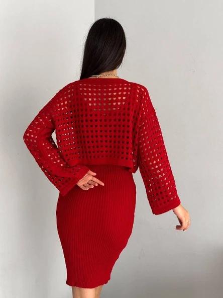 Kadın Delikli Kazak Askılı Elbise Triko Kumaş Ikili Takım - 5