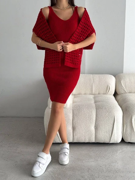 Kadın Delikli Kazak Askılı Elbise Triko Kumaş Ikili Takım - 6