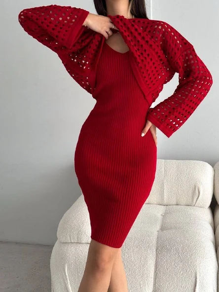 Kadın Delikli Kazak Askılı Elbise Triko Kumaş Ikili Takım - 2