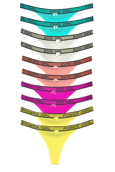 10 Adet Beli Yazılı Pamuk Kadın Tanga String Külot - 2