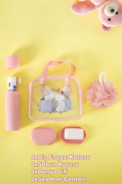 Porsima 3143 Tavşan Figürlü Seyahat Seti - Diş Fırçası Kutusu Banyo Lifi Sabun Kutusu Seyahat Çantası Pembe - 2