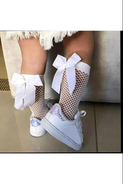 Beyaz Fileli Diz Altı Fiyonklu Kız Çocuk Çorap - 2