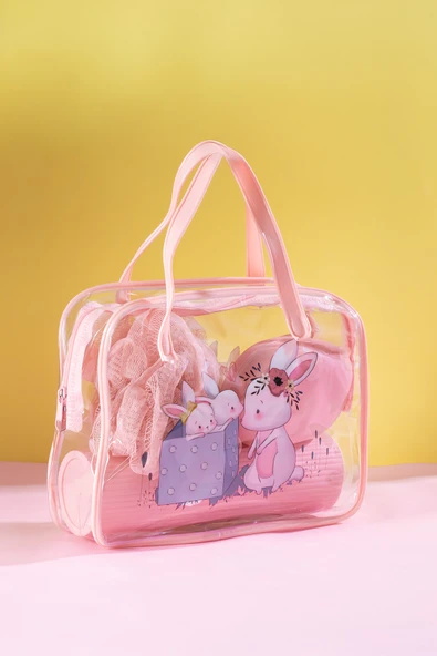 Porsima 3143 Tavşan Figürlü Seyahat Seti - Diş Fırçası Kutusu Banyo Lifi Sabun Kutusu Seyahat Çantası Pembe - 3