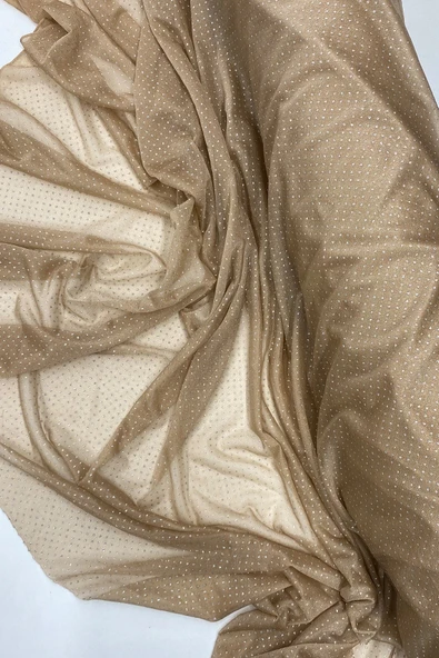 Yağmur Damlası Simli Abiye Elbise Şallık Tül Kumaş Açık Gold 28-a