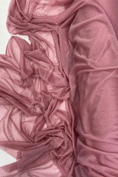 Yağmur Damlası Simli Abiye Elbise Şallık Tül Kumaş Gül Kurusu 32-h