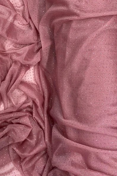 Yağmur Damlası Simli Abiye Elbise Şallık Tül Kumaş Gül Kurusu 32-h - 2