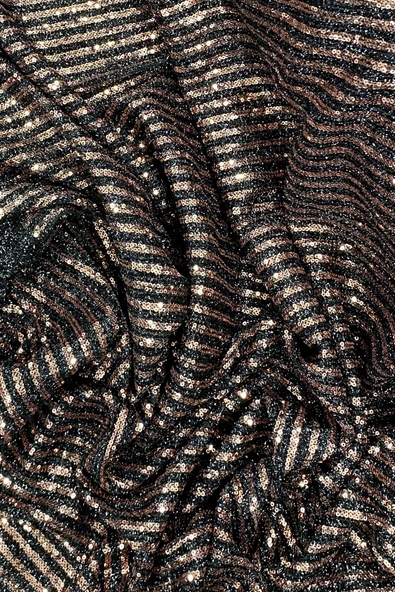 Sakallı Çizgili Pullu Kumaş  Pullu Payet Kumaş Abiye Nişan Düğün Siyah Bakır - 2