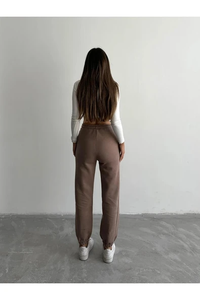 BİÇOMİ 3 iplik şardonlu paça lastikli eşofman vizon is001 - Resim 2