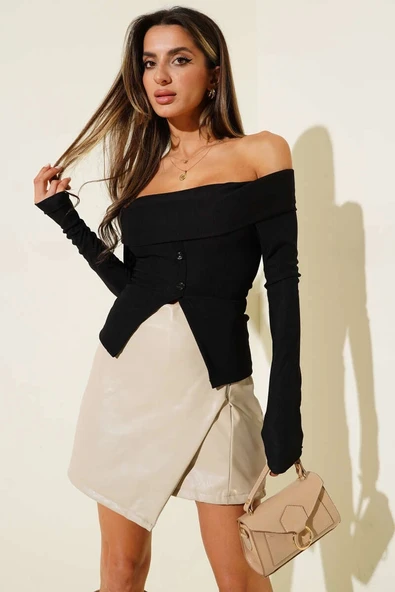 BİÇOMİ Madonna Yaka Düğmeli Bluz siyah t4329 ürün görseli