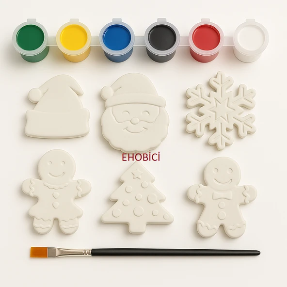 Ehobici Taş Boyama Yeniyıl Yılbaşı Seti 6 Renk Akrilik Boya 5ml + Fırça