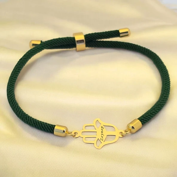14 Ayar Altın Plakalı İsme Özel Hamsa Figürlü Koyu Yeşil İpek Örgülü Hediye Bileklik-498 ürün görseli