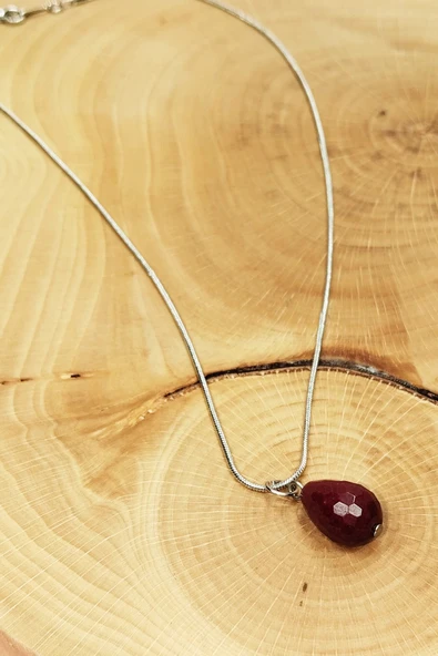 Yakut Doğal Taşı Zincirli El Yapımı Kolye Uç: 1,5 Cm Zincir: 20 Cm Kutulu - 5