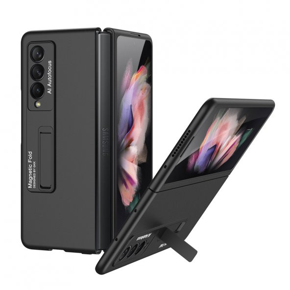 KNY Samsung Galaxy Z Fold 3 Kılıf Manyetik Z Stand Kapak Siyah