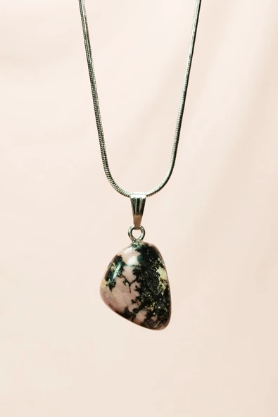 Rodonit Doğal Taşı Zincirli El Yapımı Kolye Uç: 2 Cm Zincir: 20 Cm Kutulu - 3