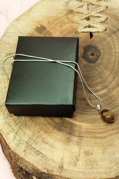 Kaplan Gözü Doğal Taşı Zincirli El Yapımı Kolye Uç: 2 Cm Zincir: 20 Cm Kutulu - 5