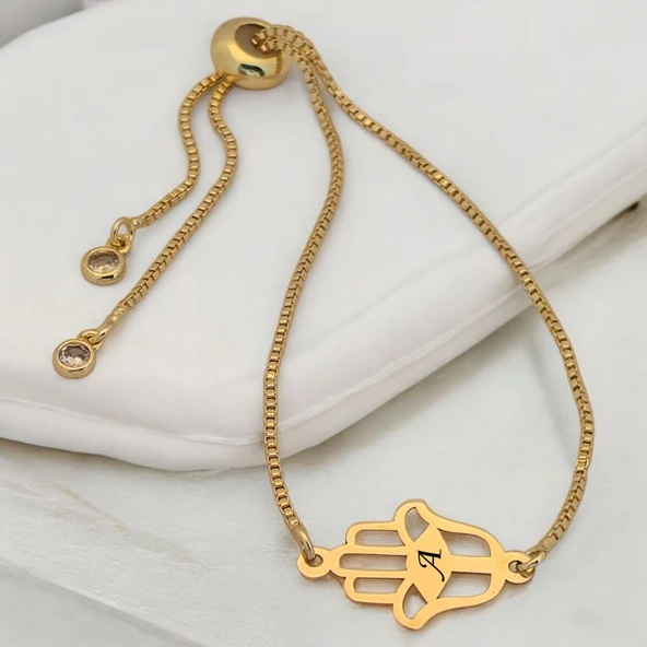 14 Ayar Altın Plakalı Harfe Özel Altın Renkli Zincirli Hamsa Motifli Hediye Bileklik-497 ürün görseli