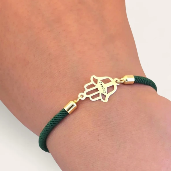 14 Ayar Altın Plakalı İsme Özel Hamsa Figürlü Koyu Yeşil İpek Örgülü Hediye Bileklik-498 - Resim 3