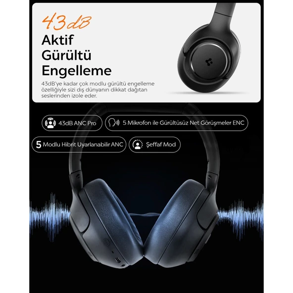 Spigen Audio SA-HP P10 Anc Kablosuz Kulaküstü Kulaklık Siyah ASD09691 - 5