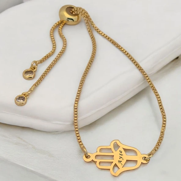 14 Ayar Altın Plakalı İsme Özel Hamsa Motifli Altın Renkli Zincirli Hediye Bileklik-497 ürün görseli