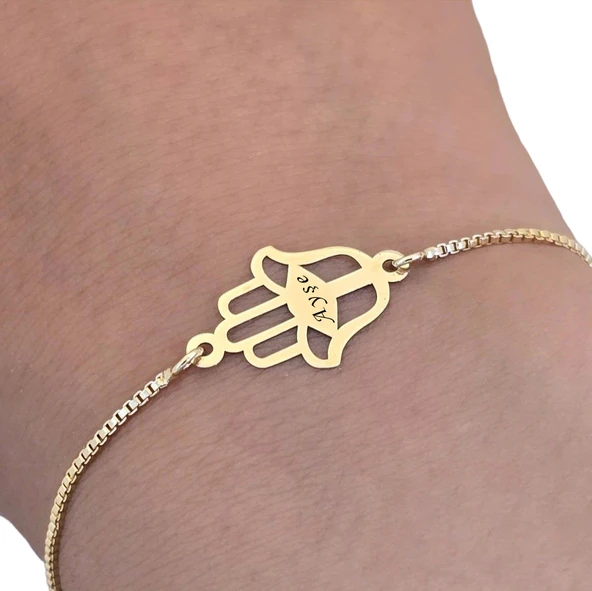 14 Ayar Altın Plakalı İsme Özel Hamsa Motifli Altın Renkli Zincirli Hediye Bileklik-497 - Resim 3