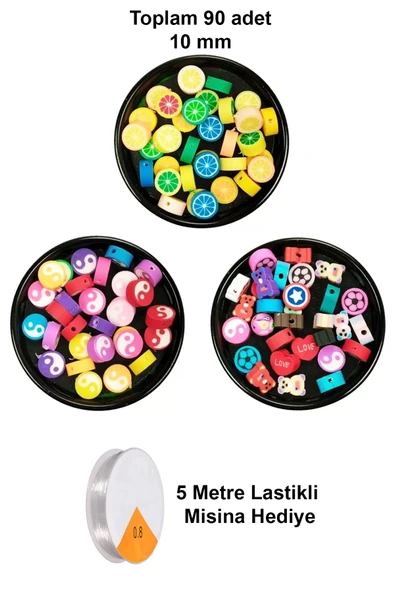 90 Adet 10 Mm Polimer Kil Fimo Boncuk Takı Bileklik + 5 Metre Misina Hediye - Yin Yang - Karışık - Limon ürün görseli