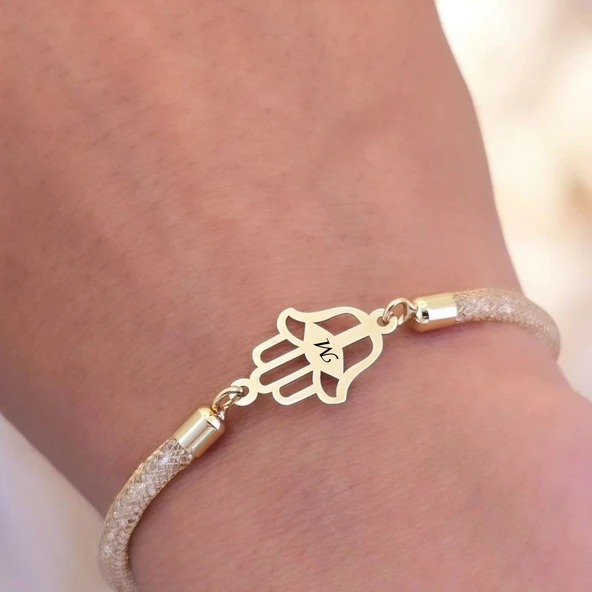 14 Ayar Altın Plakalı Harfe Özel Hasır Kordonlu Hamsa Motifli Hediye Bileklik-499 - Resim 3