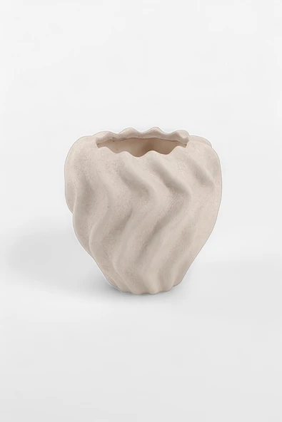 Pluvia Dalgalı Bej Seramik Vazo (15x15 cm) - Resim 3