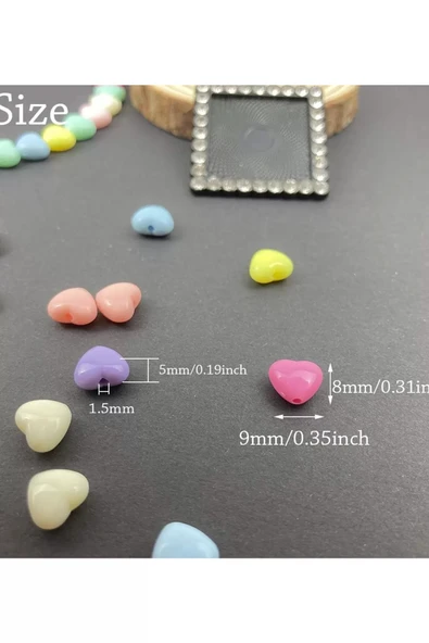 60 Gr (300 Adet) Şeker Rengi Akrilik Kalp Boncuklar Renkli Karışık Plastik Pastel Boncuklar Ara Boncuk Kalp Şekilli Koly - Resim 3